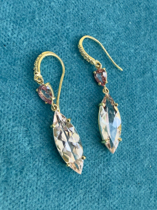 Pear Shaped Padparadscha Sapphire and Marquis Morganite Two Stone Joyce Earrings