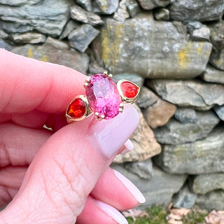Pink Tourmaline and Fire Opal Triad Ring
