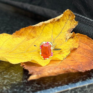 Emerald Cut Fire Opal and Pink Sapphire Sprinkle Ring