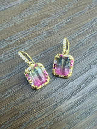 Bicolor Tourmaline, Pink Sapphire and Diamond Sprinkle Earrings