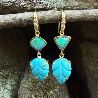 Boulder Opal and Carved Turquoise Leaf Joyce Earrings