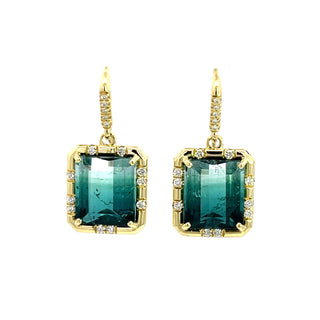 Emerald Cut Bicolor Blue Tourmaline Sprinkle Earrings