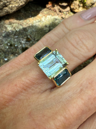 Emerald Cut Aquamarine and Blue Topaz Triad Ring