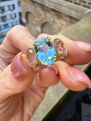 Oval Aquamarine and Morganite Triad Ring