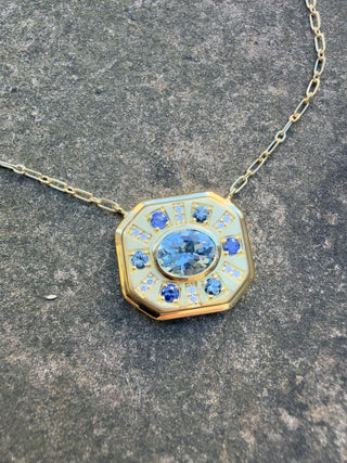 Aquamarine and Blue Sapphire Sundial Necklace