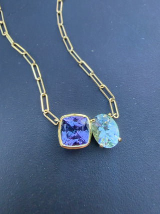 Cushion Cut Tanzanite and Oval Aquamarine Duet Necklace
