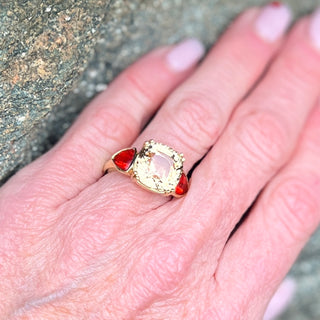 Golden Tourmaline and Fire Opal Triad Ring