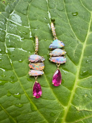 Boulder opal and Pink Tourmaline Four Stone Joyce Earrings