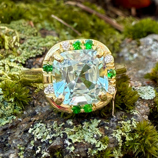 Cushion Aquamarine and Tsavorite Sprinkle Ring