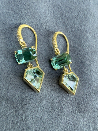 Cushion Cut Lagoon Tourmaline and Kite Shaped Two Stone Joyce Earrings