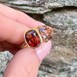 Garnet and Peach Tourmaline Half Bezel Duet Ring