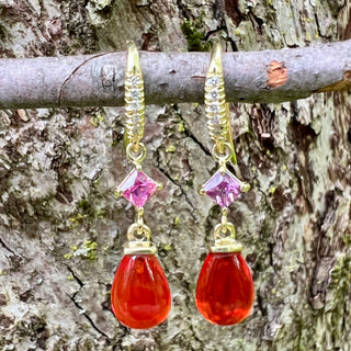 Square Pink Tourmaline with Briolette Fire Opal Drop Earring