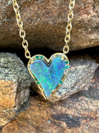 Heart Shaped Boulder Opal and Emerald Sprinkle Necklace