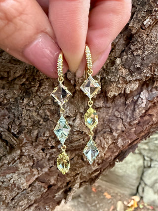 Mirror Cut Tri-Colored Beryl Three Stone Joyce Earrings