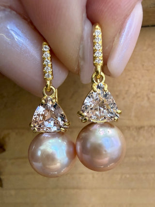 Trillion Shaped Morganite and Pearl Two Stone Joyce Earrings