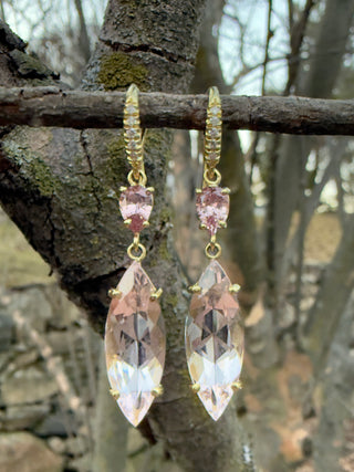 Pear Shaped Padparadscha Sapphire and Marquis Morganite Two Stone Joyce Earrings