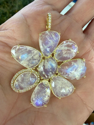 Rainbow moonstone and diamond flower pendant with hinged diamond bail in 18k yellow gold