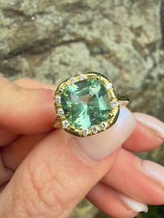 Cushion Cut Green Tourmaline Sprinkle Ring