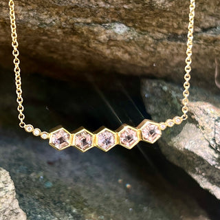 Hexagon Shaped Morganite Joyce Bezel Cluster Necklace