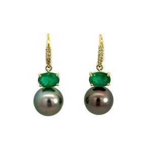 Oval Emerald and Grey Tahitian Pearl Joyce Earrings