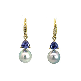 Trillion Shaped Tanzanite and Blue Akoya Pearl Joyce Earring