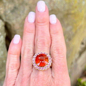 Cushion Cut Spessartite Garnet and Pink Spinel Blossom Ring