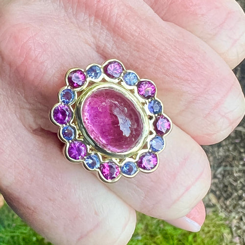 Pink Tourmaline, Garnet and Tanzanite Posy Ring