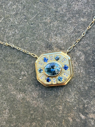 Aquamarine and Blue Sapphire Sundial Necklace