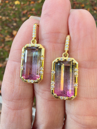 Emerald Cut Watermelon Tourmaline Sprinkle Earrings