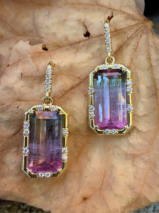 Emerald Cut Watermelon Tourmaline Sprinkle Earrings