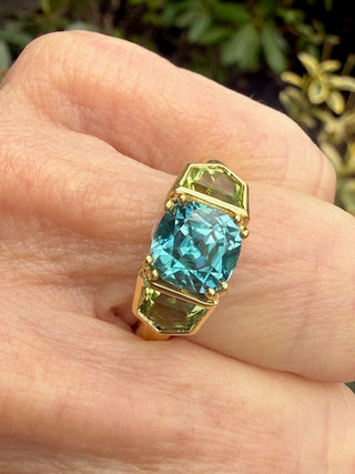 Blue Zircon and Peridot Triad Ring
