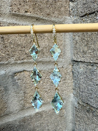 Kite Shaped Mirror Cut Aquamarine Three Stone Joyce Earrings