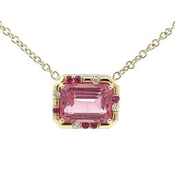 Emerald Cut Pink Tourmaline and Pink Sapphire Sprinkle Necklace