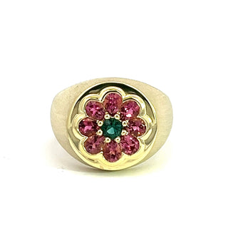 Green and Pink Tourmaline Floral Signet Ring