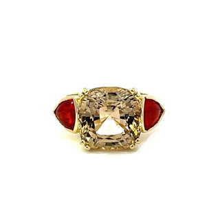 Golden Tourmaline and Fire Opal Triad Ring