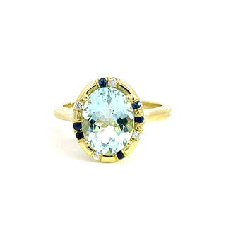 Oval Aquamarine and Blue Sapphire Sprinkle Ring