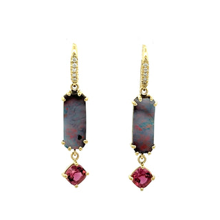 Boulder Opal and Cushion Cut Pink Tourmaline Earrings