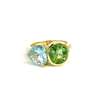 Green Tourmaline and Aquamarine Half Bezel Duet Ring