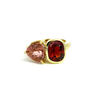 Garnet and Peach Tourmaline Half Bezel Duet Ring