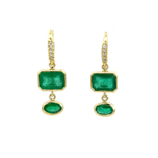 Emerald Cut and Oval Emerald Bezel Set Two Stone Joyce Earrings