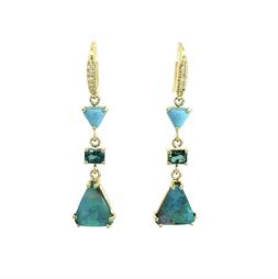 Sleeping Beauty, Green Tourmaline and Boulder Opal Three Stone Joyce Earring