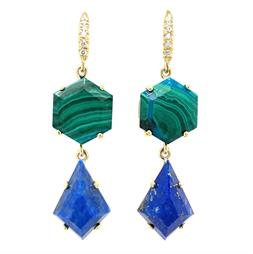 Golden Heaven Lapis Lazuli & Turquoise & Malachite Leverback Earrings, Gold Plated