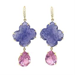 Carved Tanzanite Flower with Pink Tourmaline Drop Earring