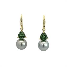 Green Tourmaline with South Sea Tahitian Pearl Earring