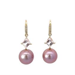 Kite Shaped Morganite and Pink Freshwater Pearl Earrings