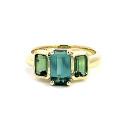 Emerald Cut Blue and Green Tourmaline Triad Ring