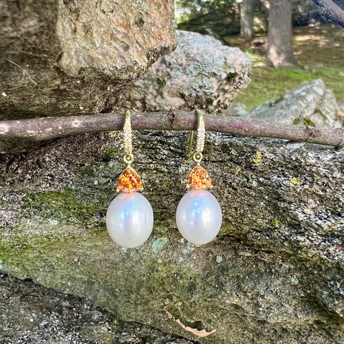 Trillion Shaped Orange Garnet and Pearl Joyce Earring