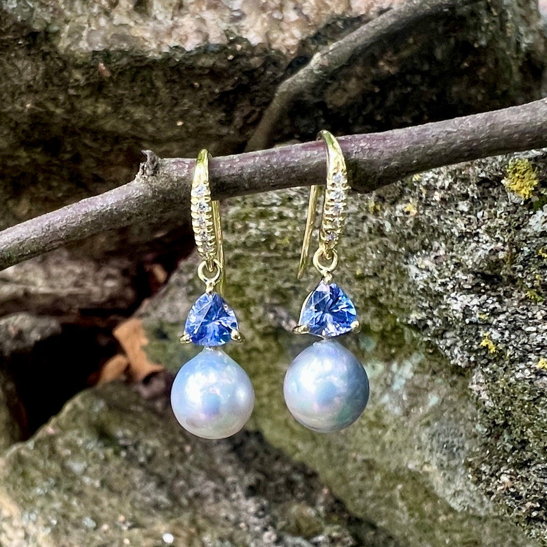 Trillion Shaped Tanzanite and Blue Akoya Pearl Joyce Earring