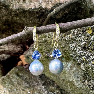 Trillion Shaped Tanzanite and Blue Akoya Pearl Joyce Earring