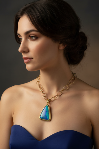 Revival Australian Boulder Opal Pendant worn on open link gold chain necklace on model